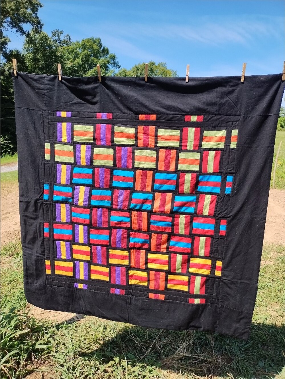 Quilt Handmade Stunning Colorful Squares Set On Black Approximately 49x50 New